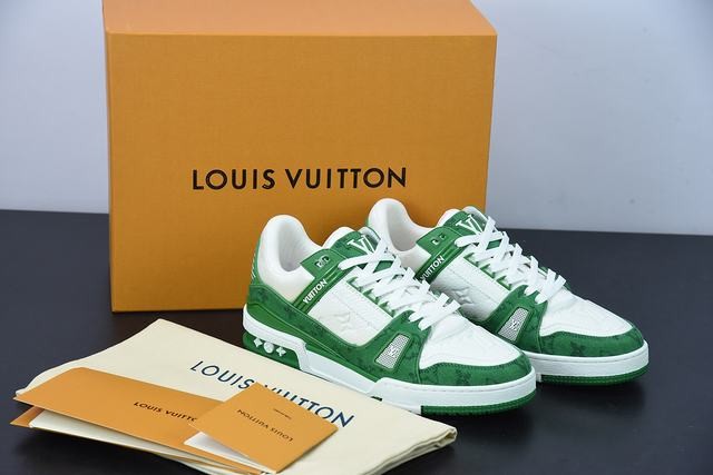 Louis Vuitton LV Trainer Green Monogram Denim White Louis Vuitton LV Trainer Green Monogram Denim White